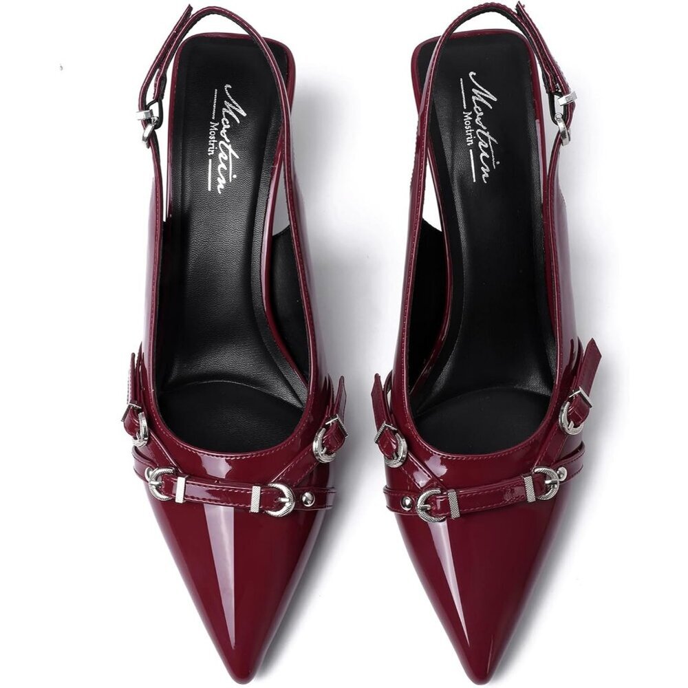 Kitten Heels for Women Pointed Toe Pumps Leather Low Heel Dating Party Working - Picture 4 of 8